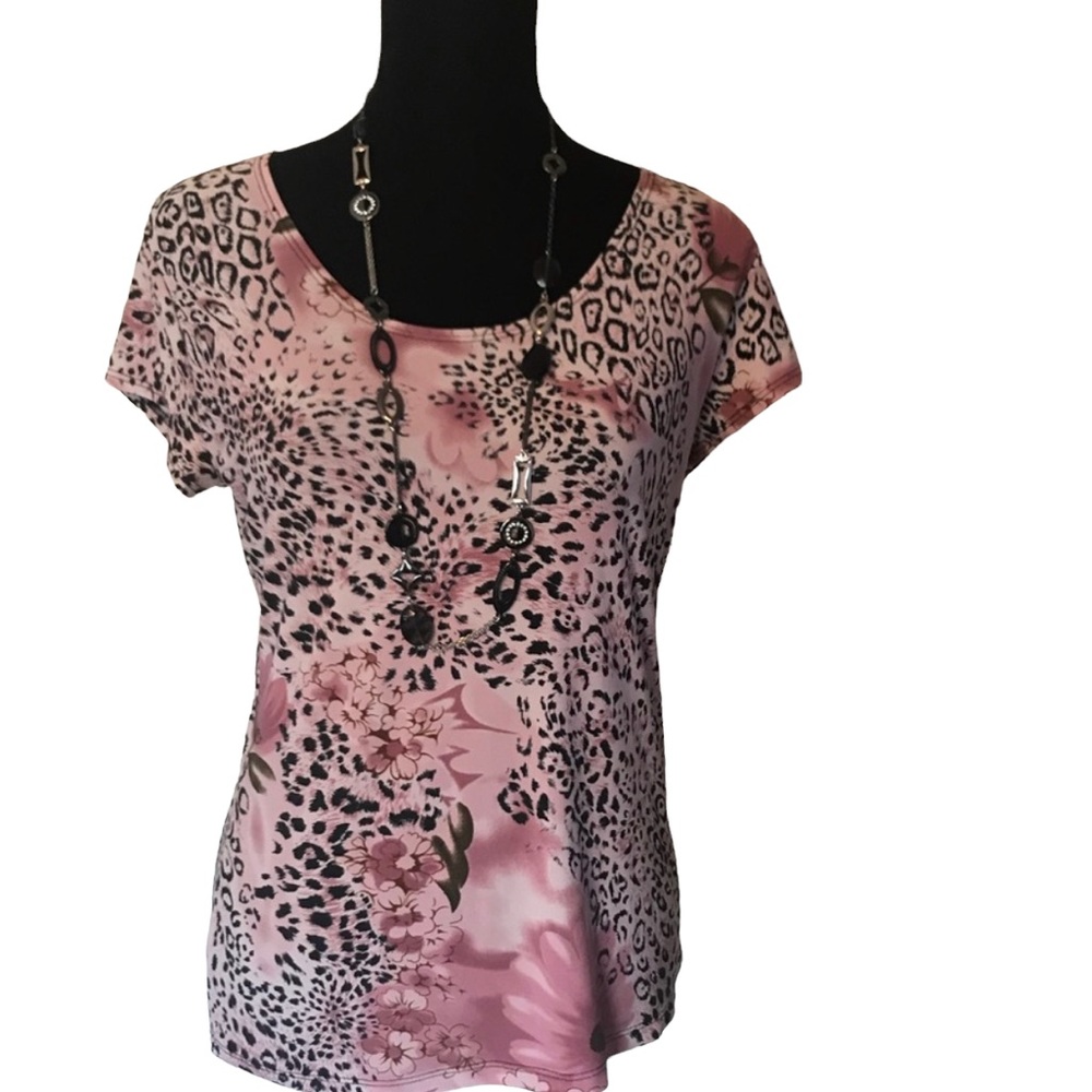 Susan Lawrence Pink Floral & Leopard Scoop Neck Top Large